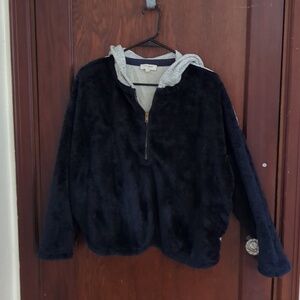 Umgee Light Gray & Blue Fuzzy Teddy  Quarter Zip Oversized Hoodie Size S